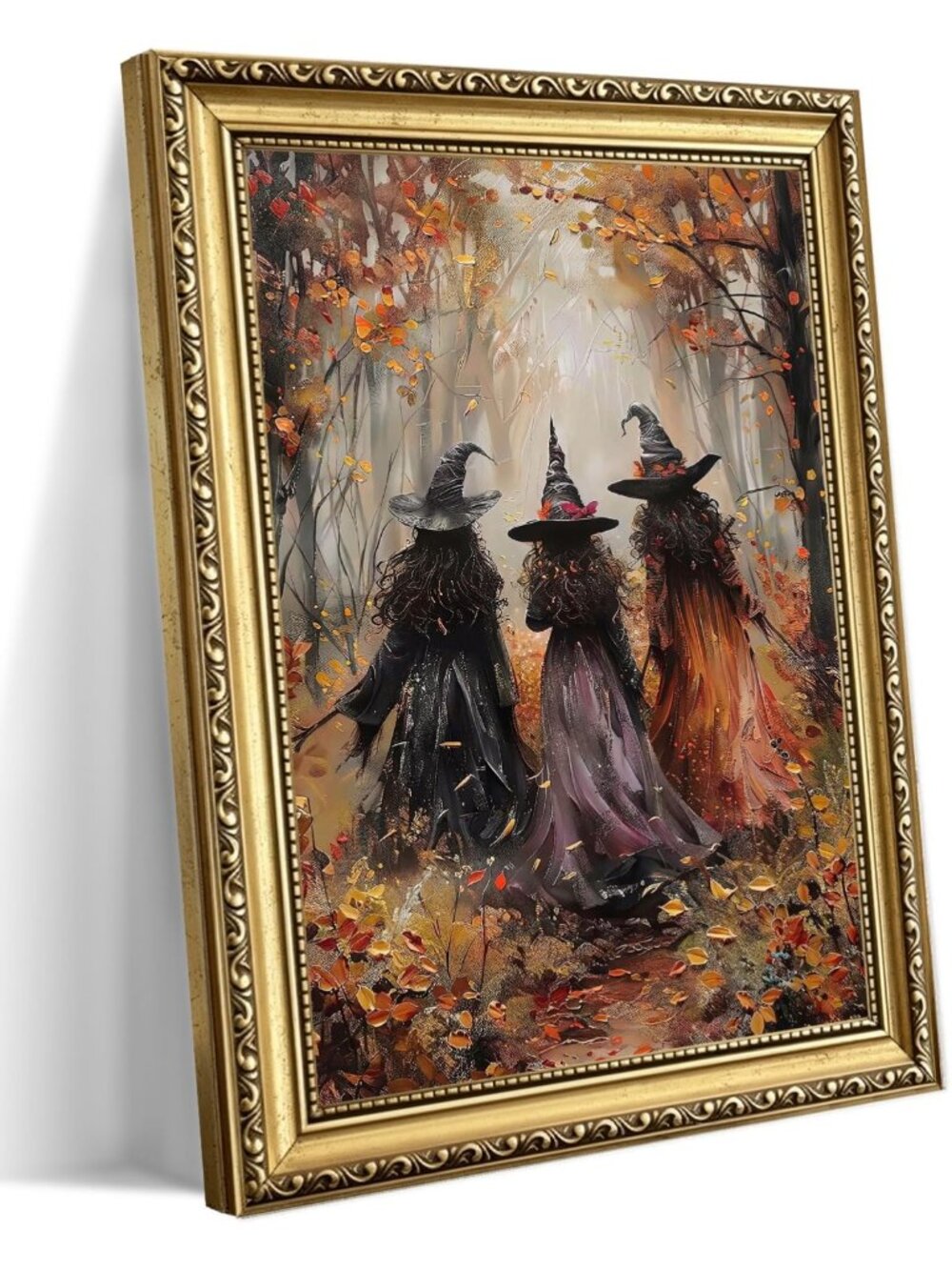 Vintage Gold Framed Halloween Wall Art, Gothic Witches Canvas Decor, Spooky